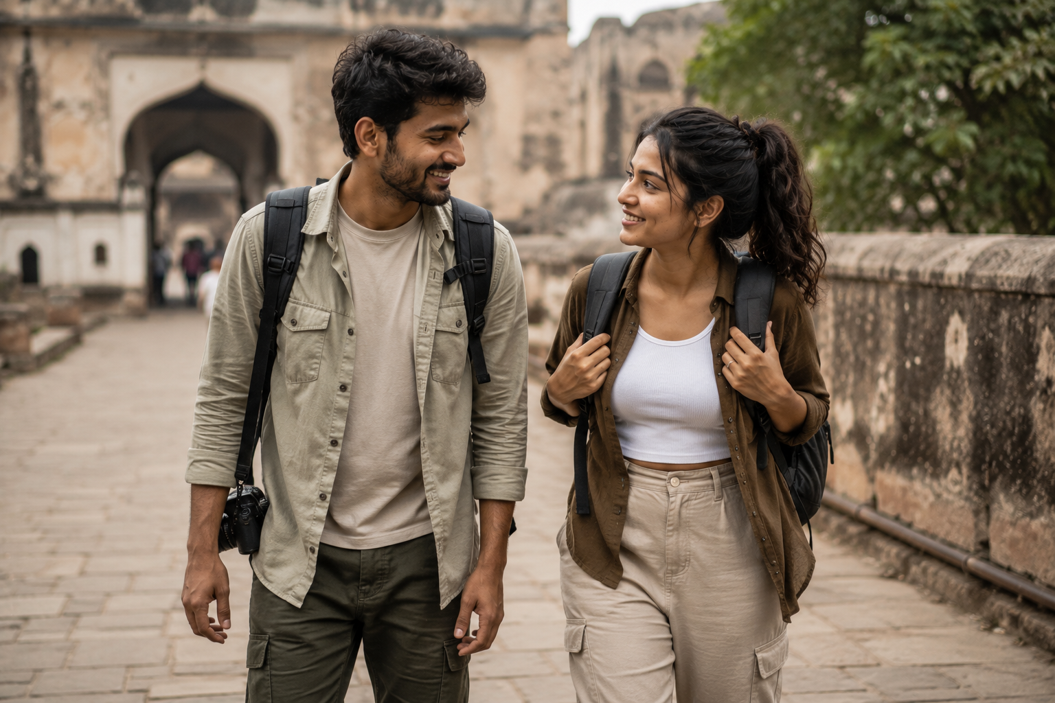 A couple walking together with backpacks exploring a new place