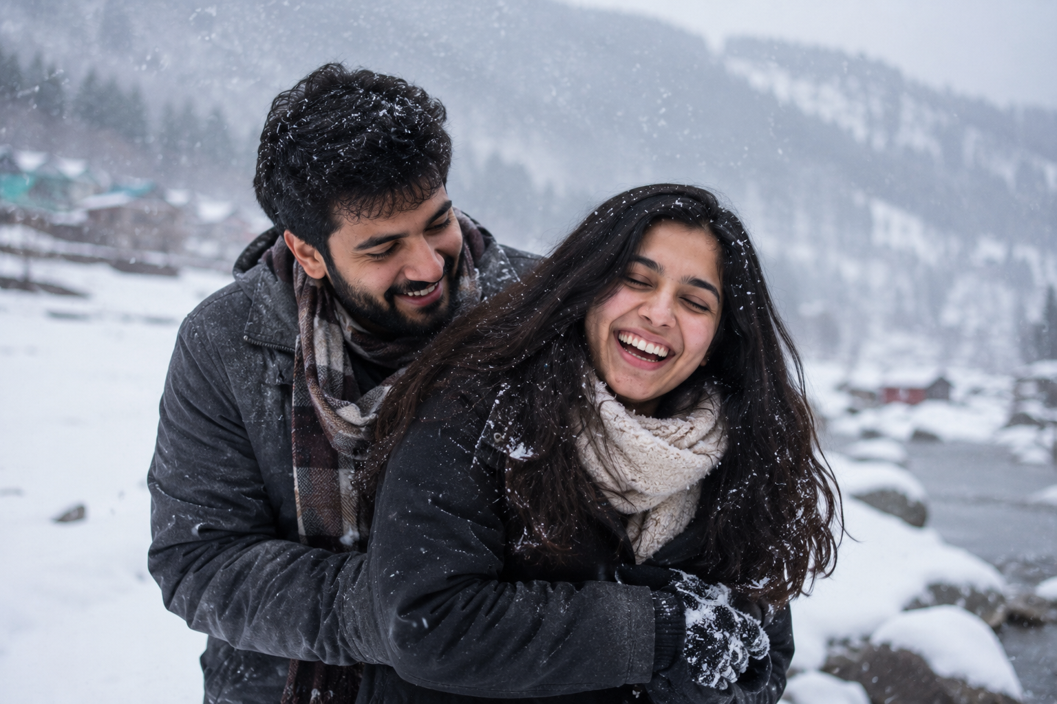 A young couple laughing together in the snow in Manali