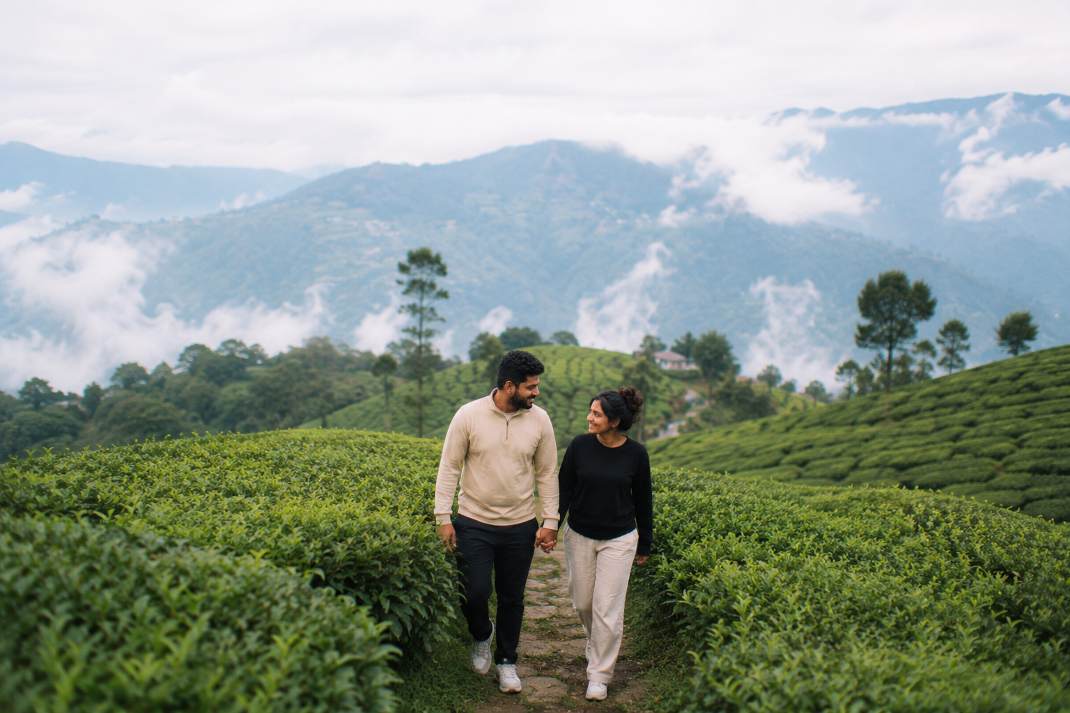 A couple walking hand in hand through rolling green Darjeeling tea gardens