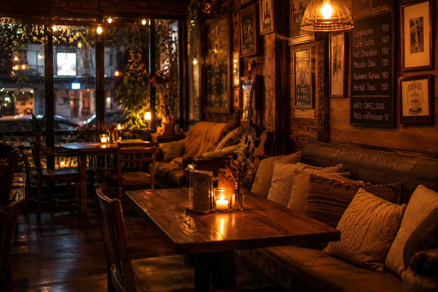 A cosy dimly lit cafe with wooden tables, warm lighting and a candle
