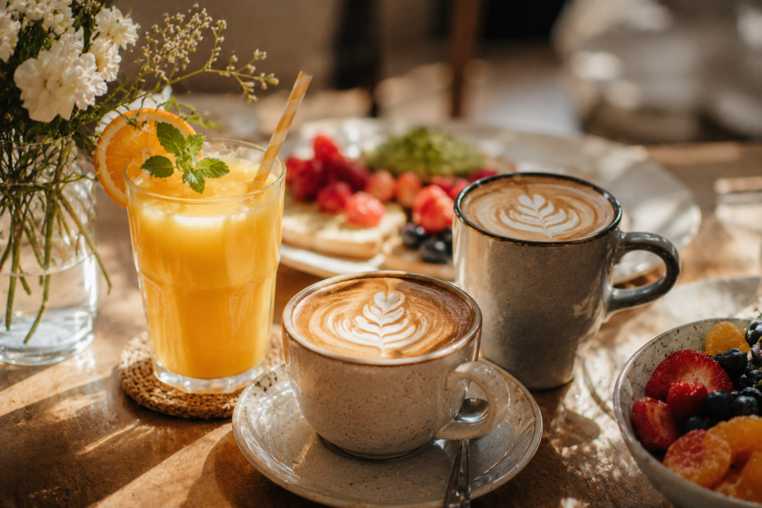 Coffee, chai, and fresh juice for weekend brunch for two