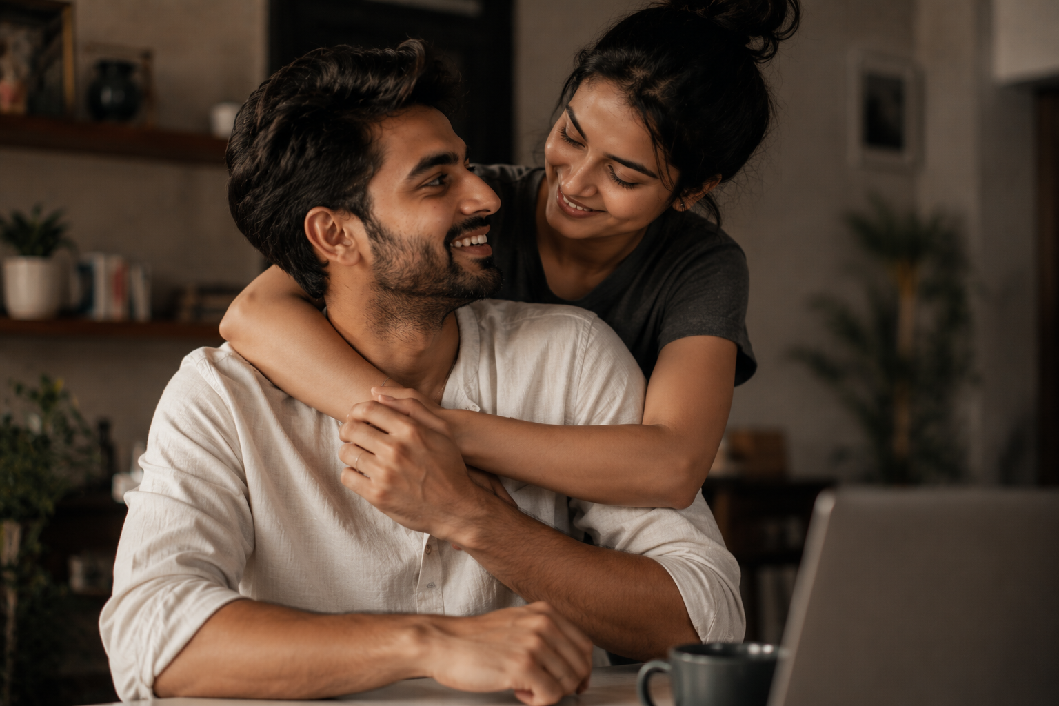 A couple showing affection in a warm everyday moment at home