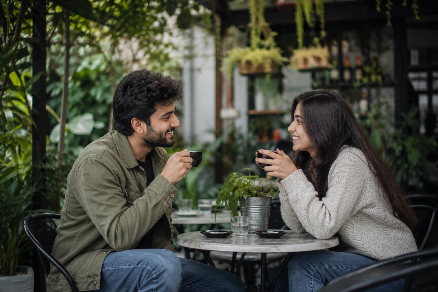 A couple enjoying coffee at an open-air garden cafe surrounded by plants