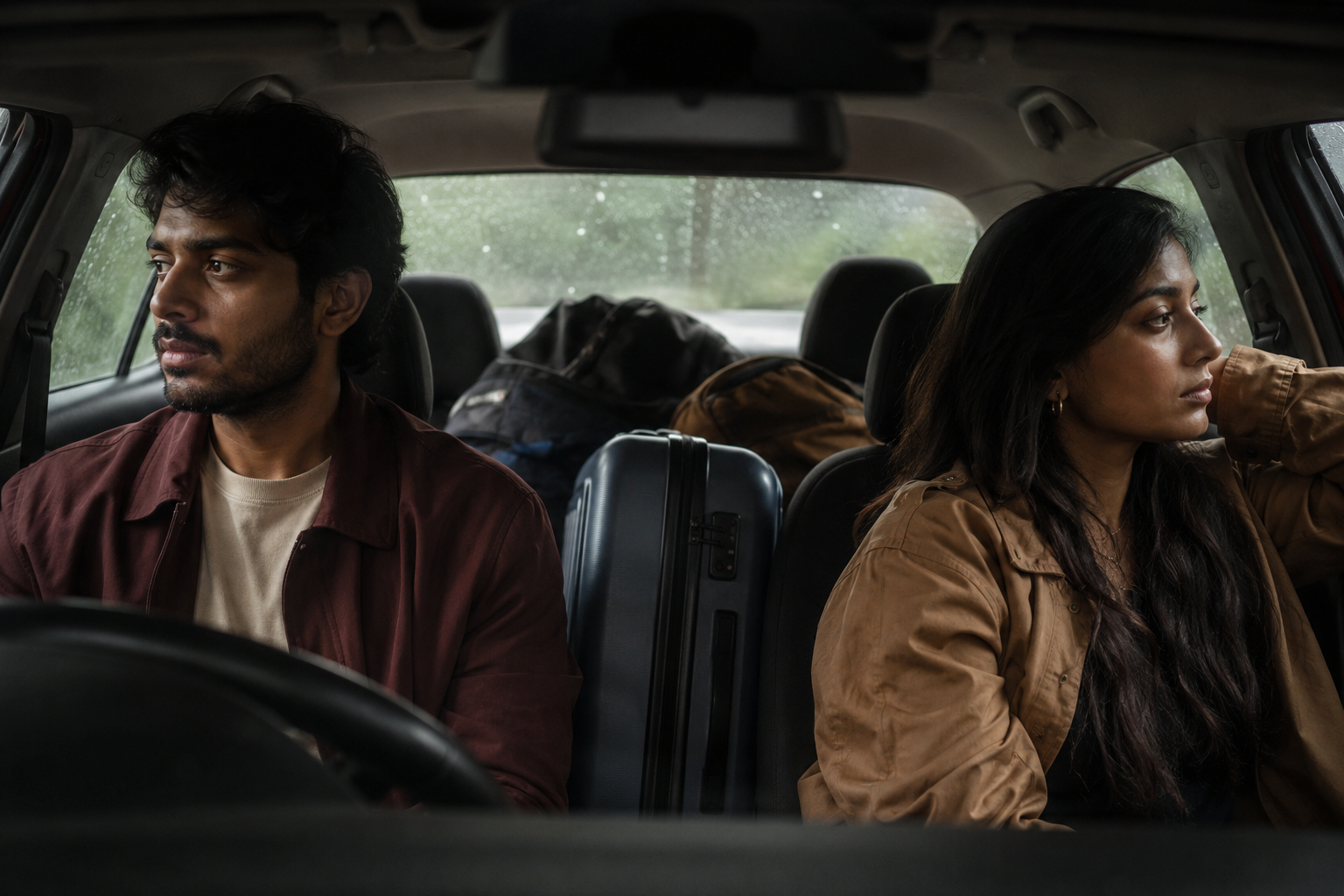 A couple sitting in a parked car early in the morning with luggage