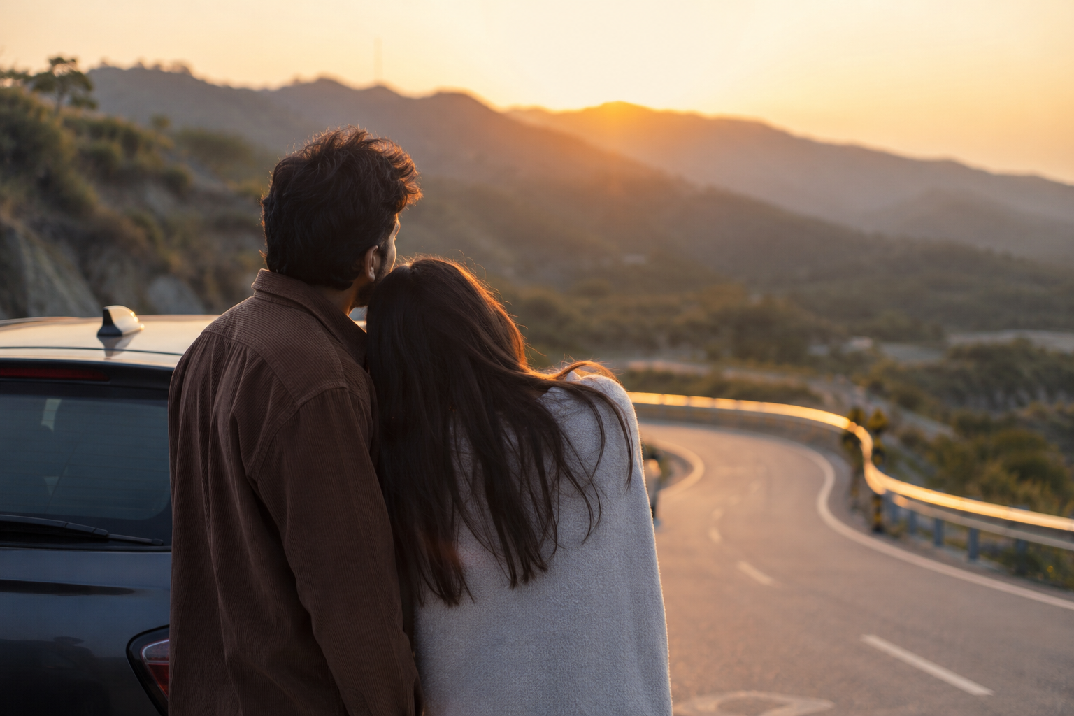 A couple standing beside their car looking out at a beautiful open road at golden hour