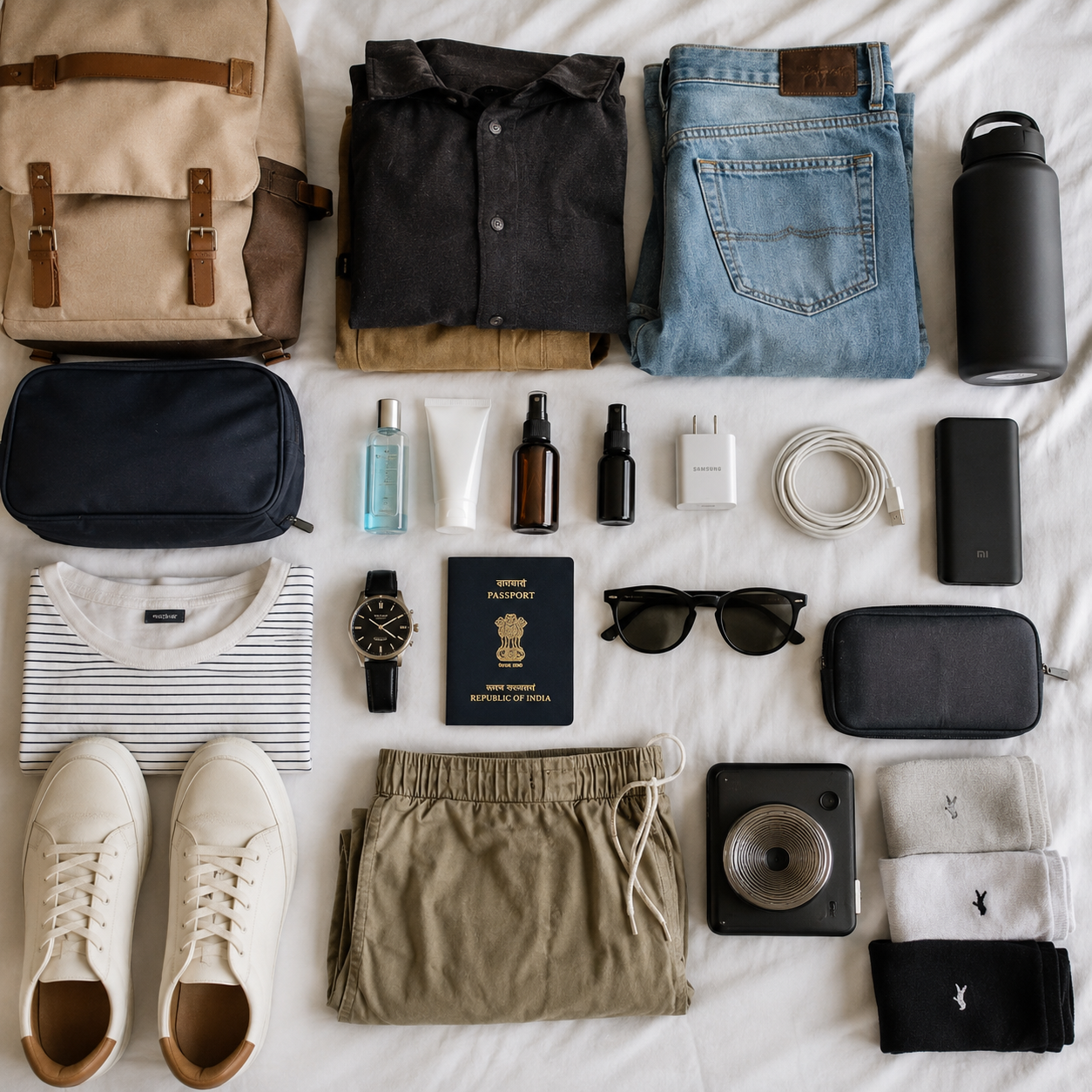 Neatly arranged travel essentials on a bed