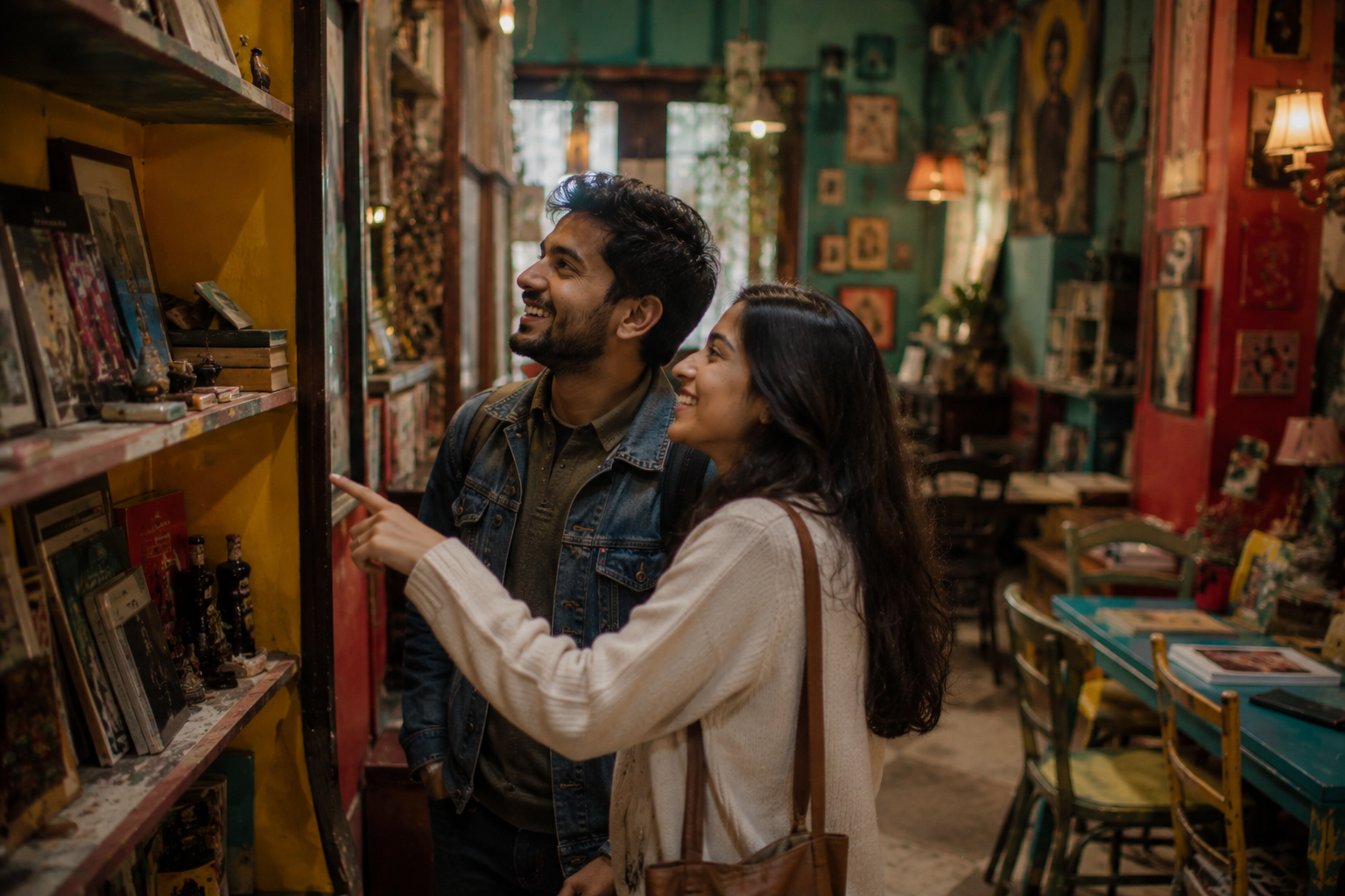 A couple exploring a quirky artsy cafe with colourful walls and books