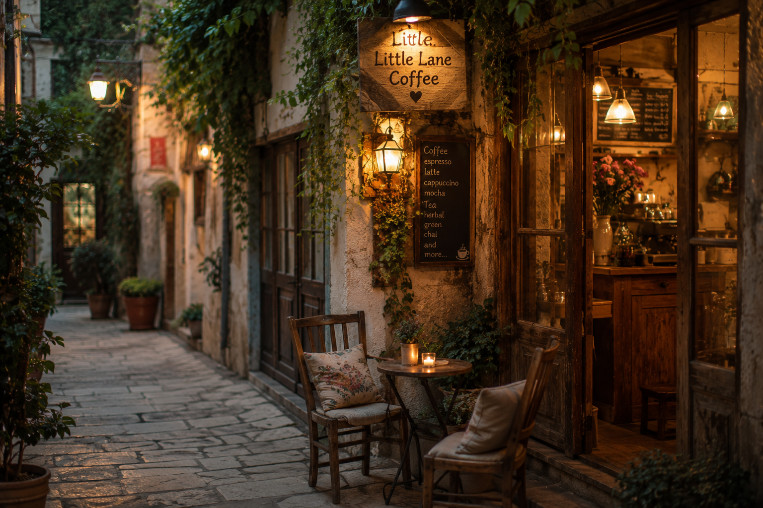A tiny charming hidden cafe down a quiet lane with a few small tables