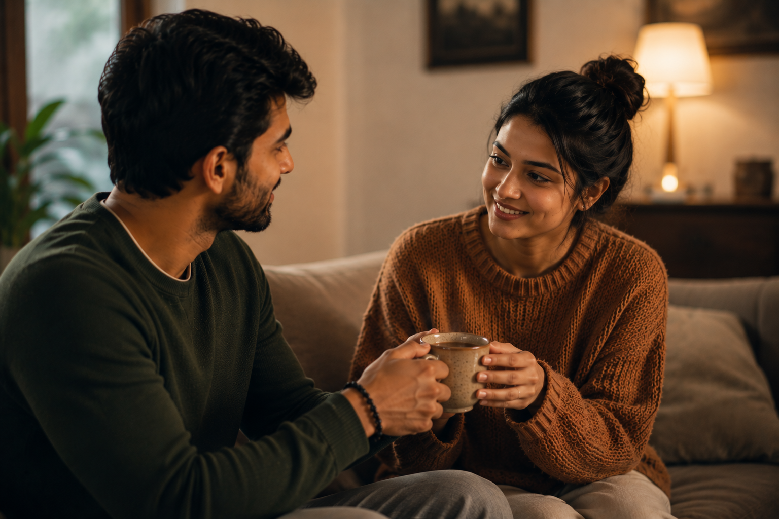 A couple in a small caring everyday gesture, handing over a cup of tea