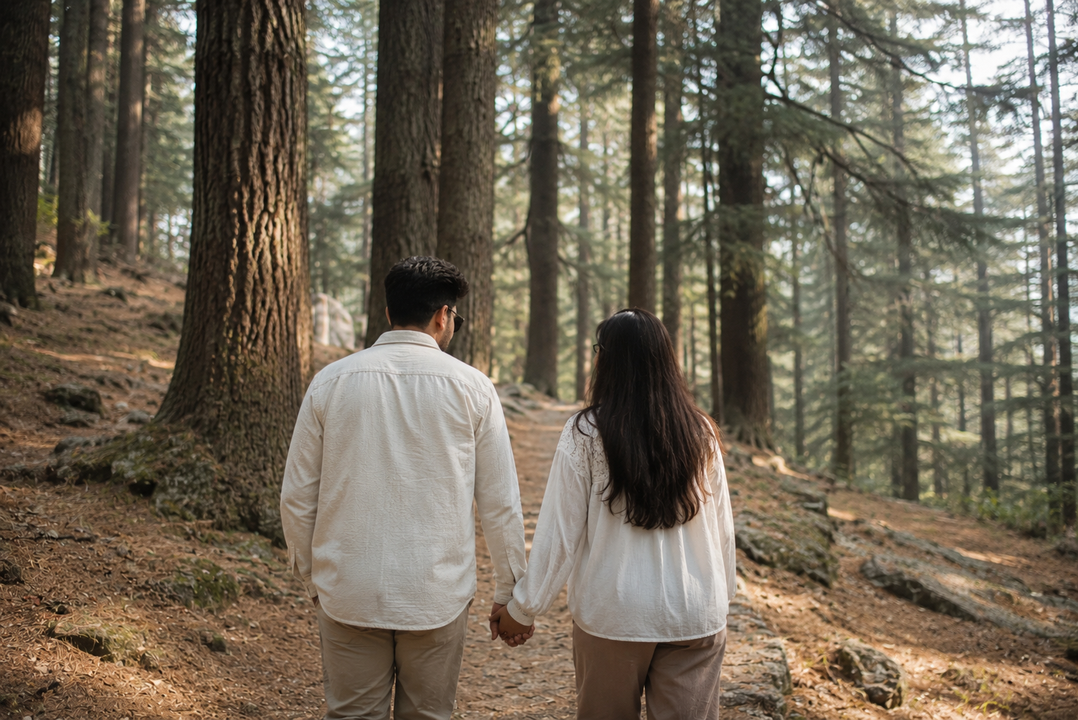A couple walking hand in hand through a tall pine and deodar forest