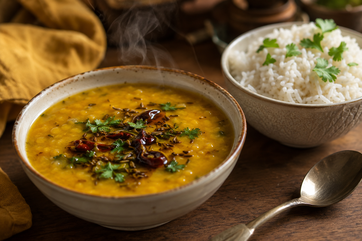 A warm bowl of simple dal with a tadka and a bowl of rice