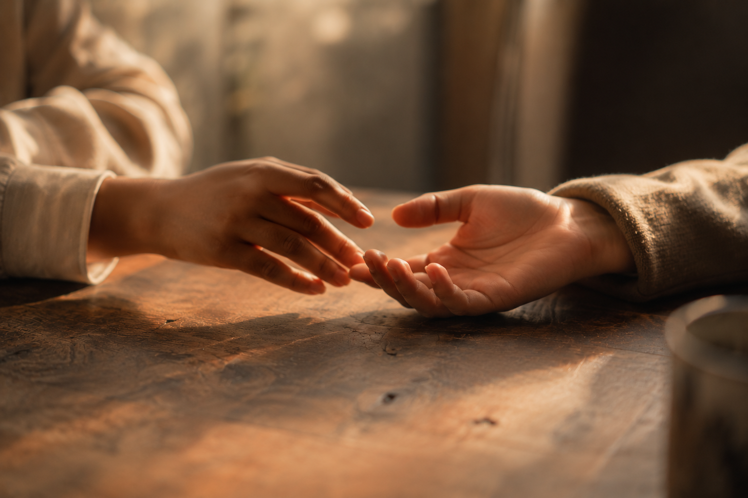 Two hands reaching toward each other on a warm wooden table