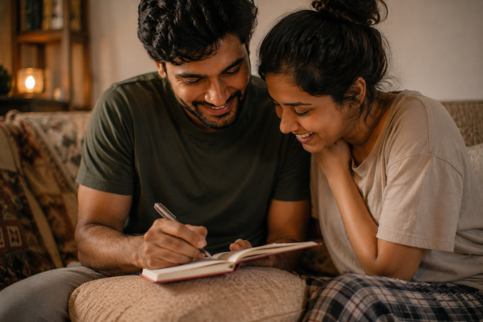 A couple writing in a journal together on a cosy sofa