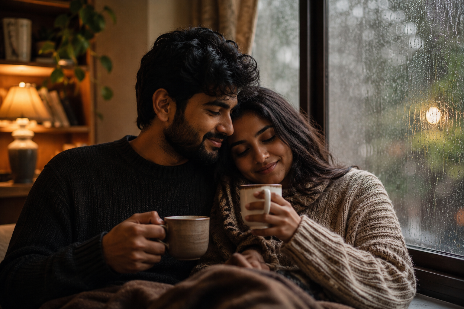 A couple relaxing with warm drinks by a rainy window