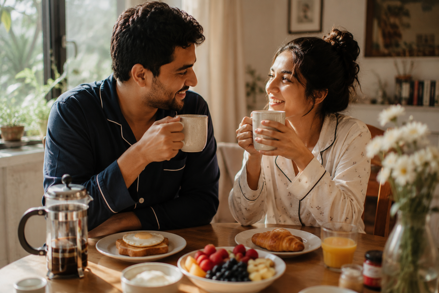 Couple enjoying a slow weekend brunch for two in the morning sunlight