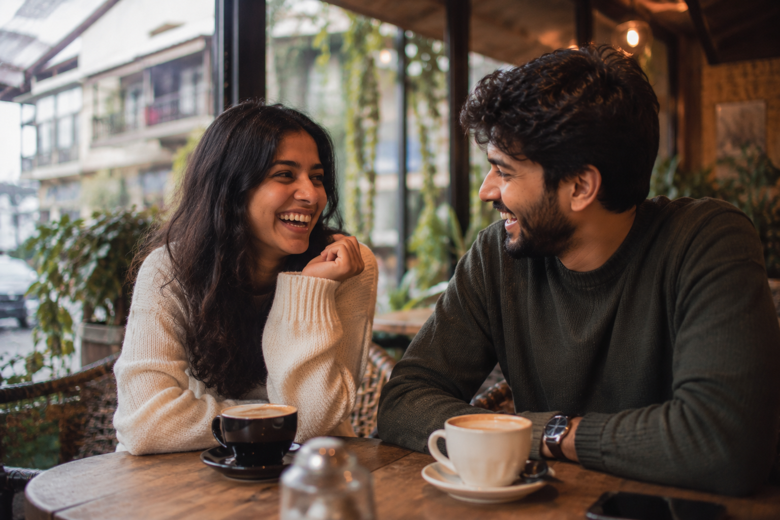 A couple laughing and talking over coffee at a cafe table