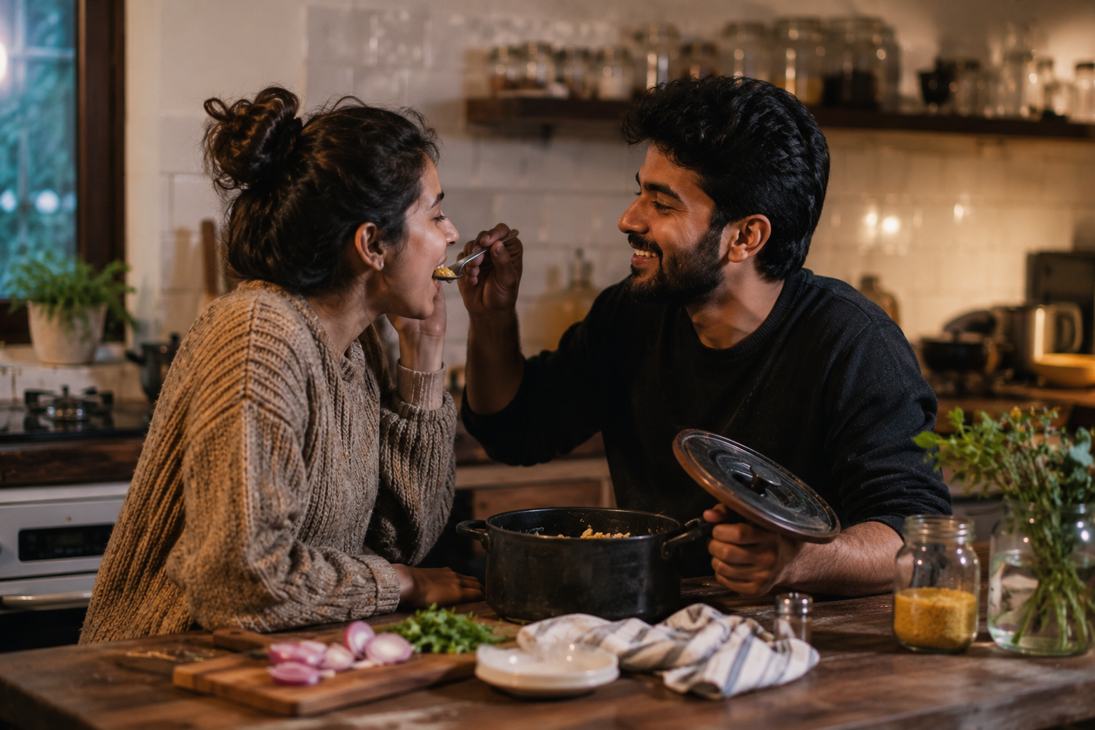 Couple enjoying cooking comfort foods that taste better when you cook them together