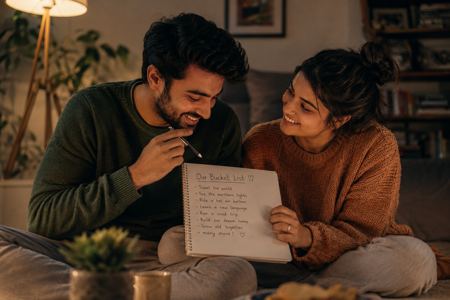 A couple dreaming together over a notebook and smiling