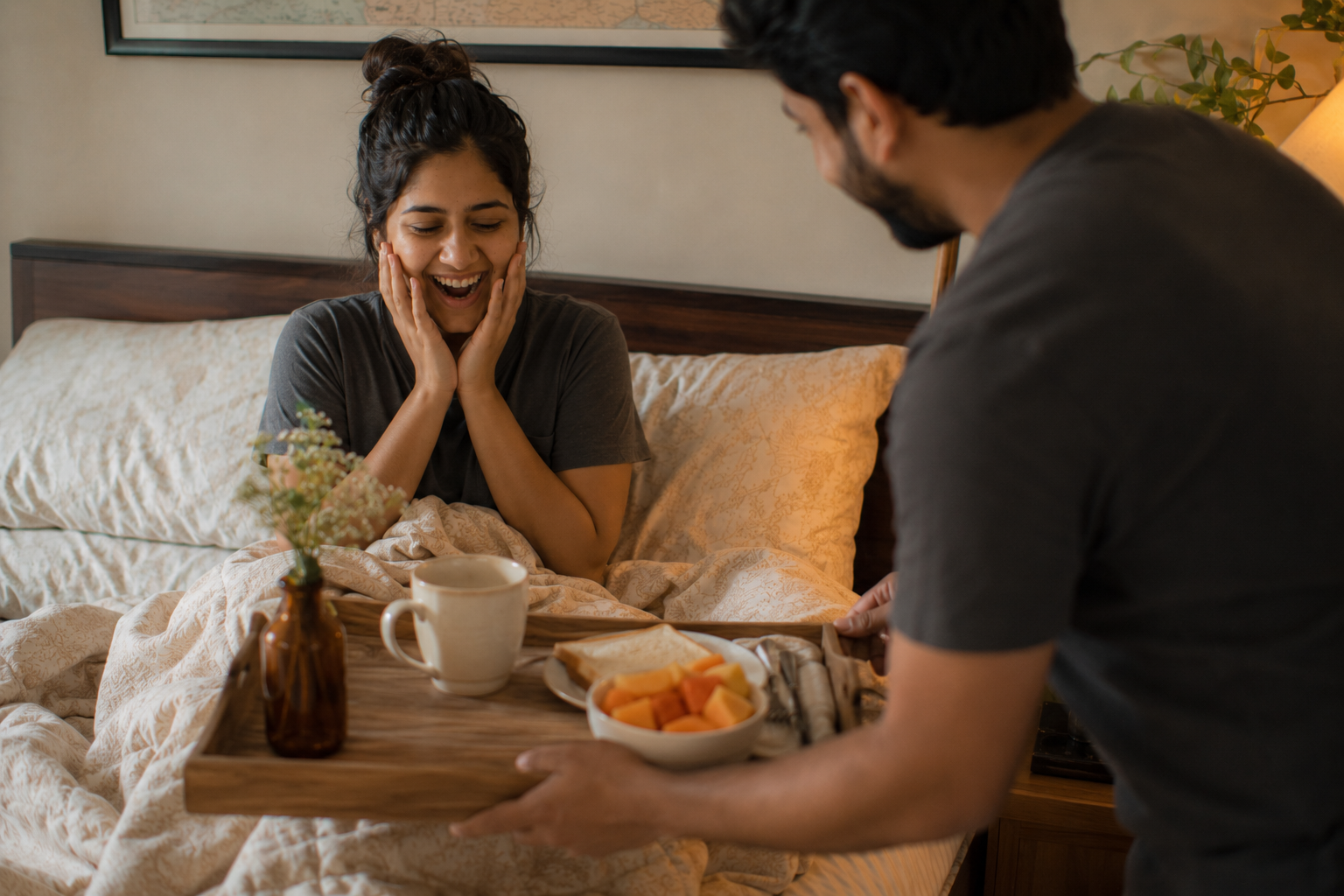 A person being gently surprised with a breakfast tray in bed