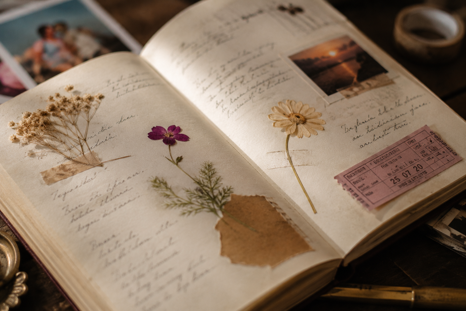 An open journal with pressed flowers, a ticket stub and handwritten notes