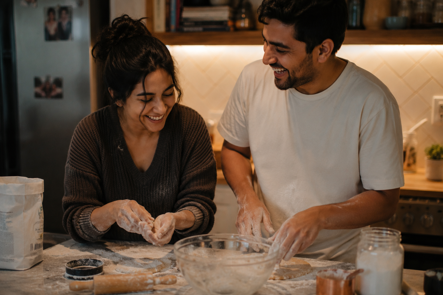 Couple enjoying easy dessert recipes together in their kitchen
