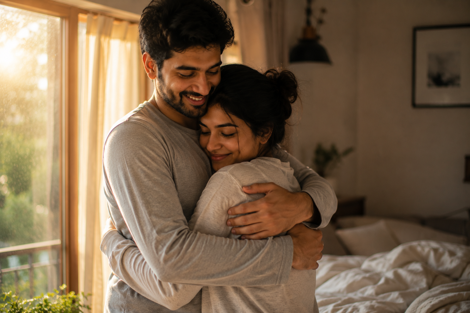 A couple sharing a gentle good-morning hug in soft early light