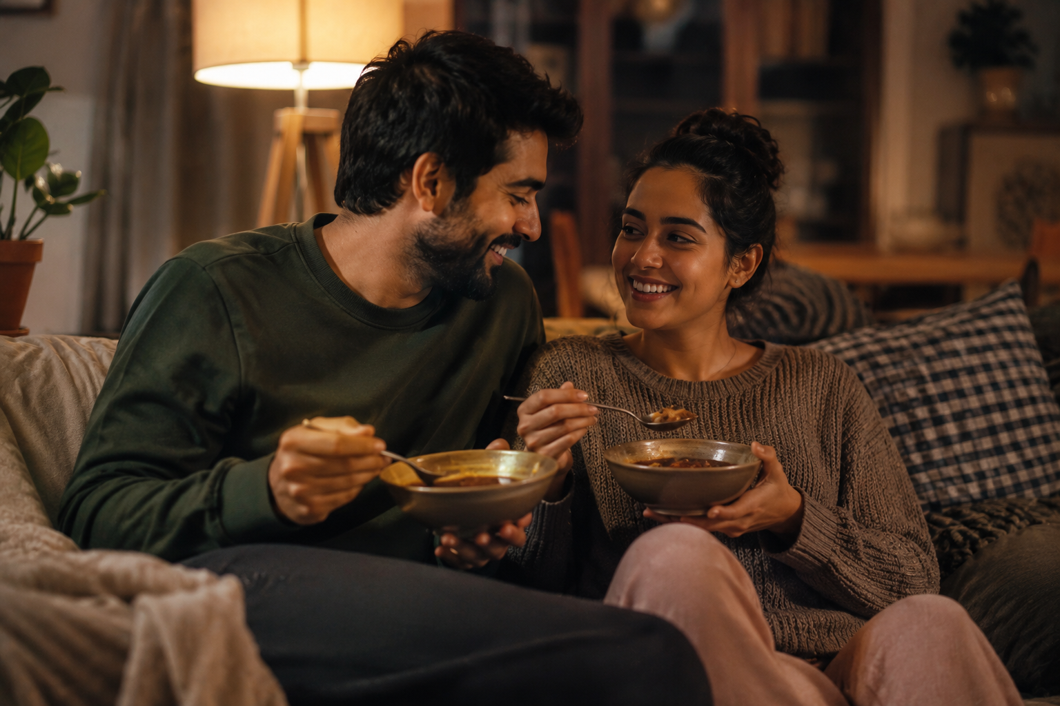 A couple relaxing on a sofa eating warm bowls of food together