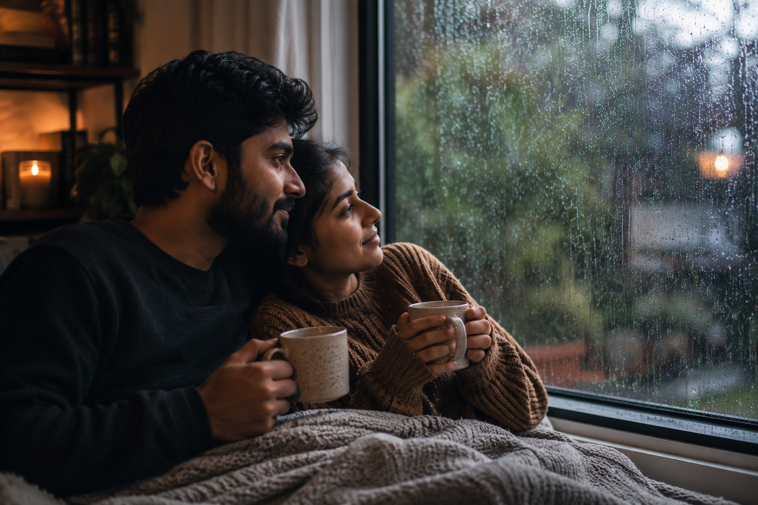 Couple sharing simple monsoon snacks to enjoy as a couple during rainy weather