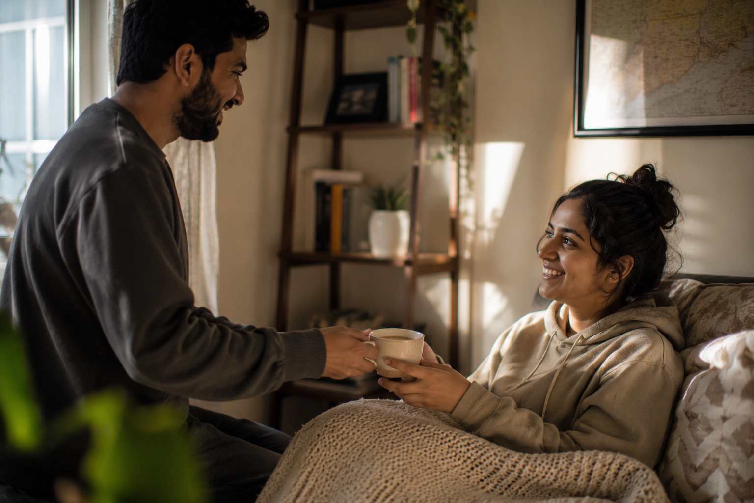A couple sharing a warm moment as one hands the other a cup of tea