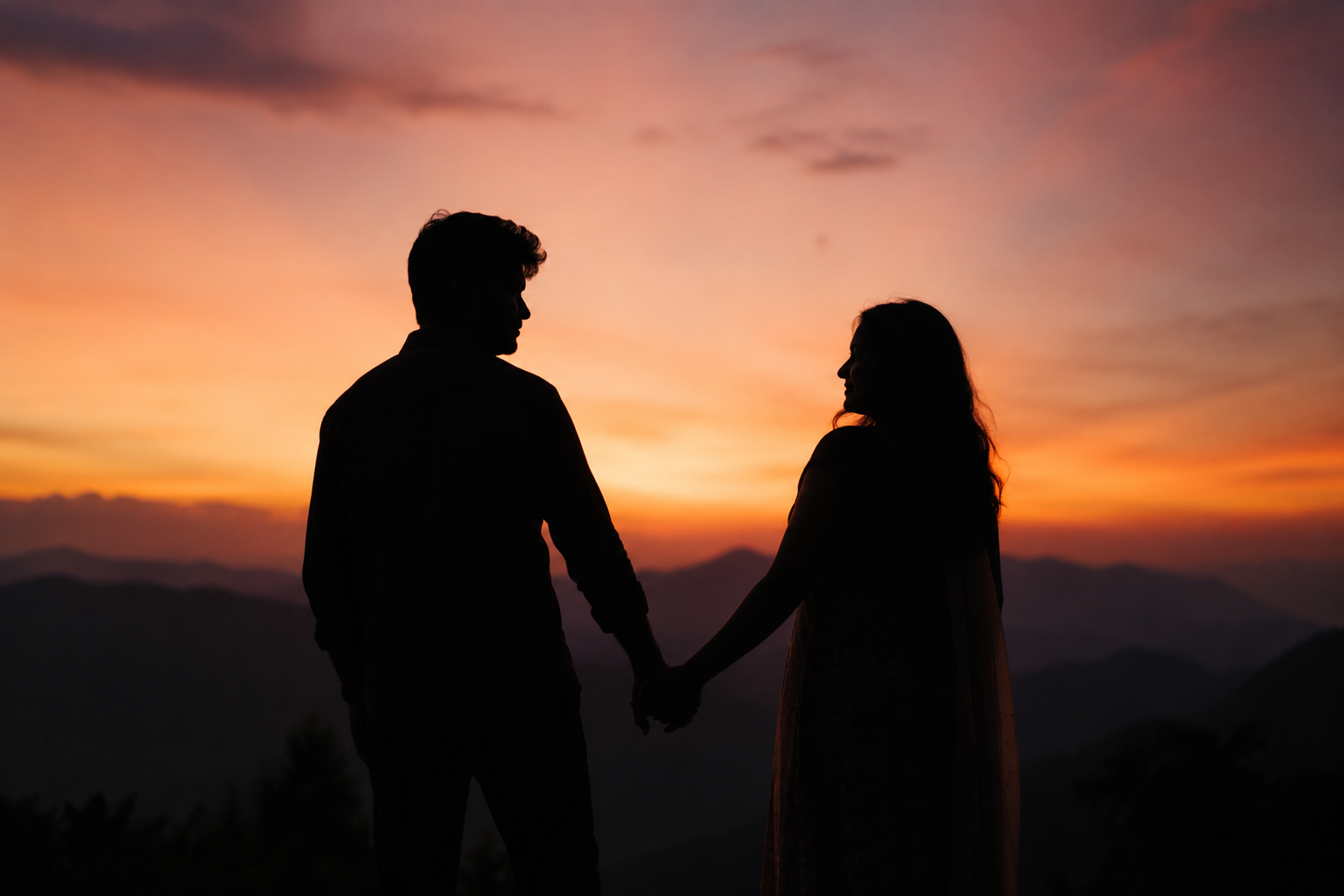 A couple holding hands in silhouette against a warm glowing sunset sky
