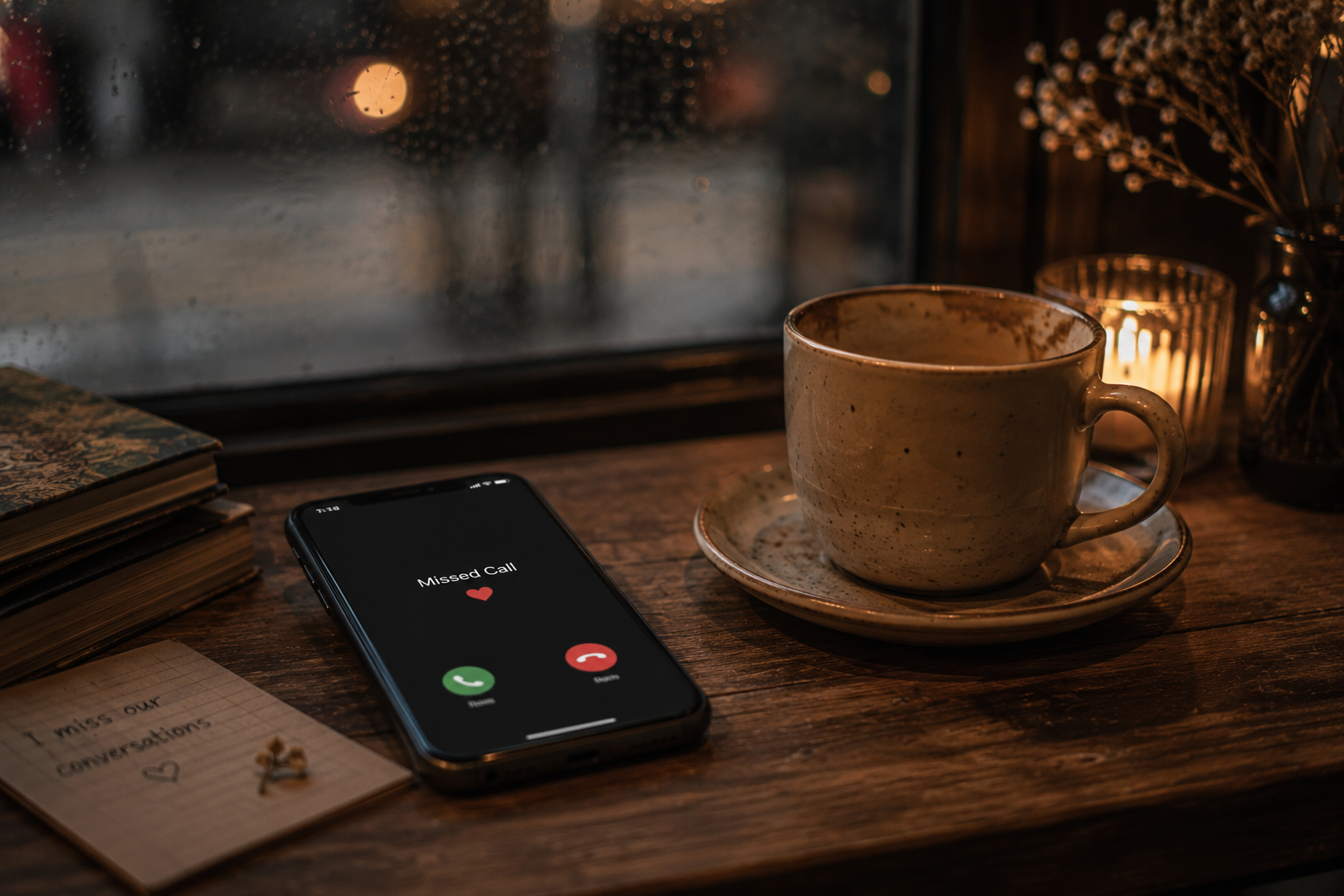 A phone and a clock beside a lonely cup of coffee by a window